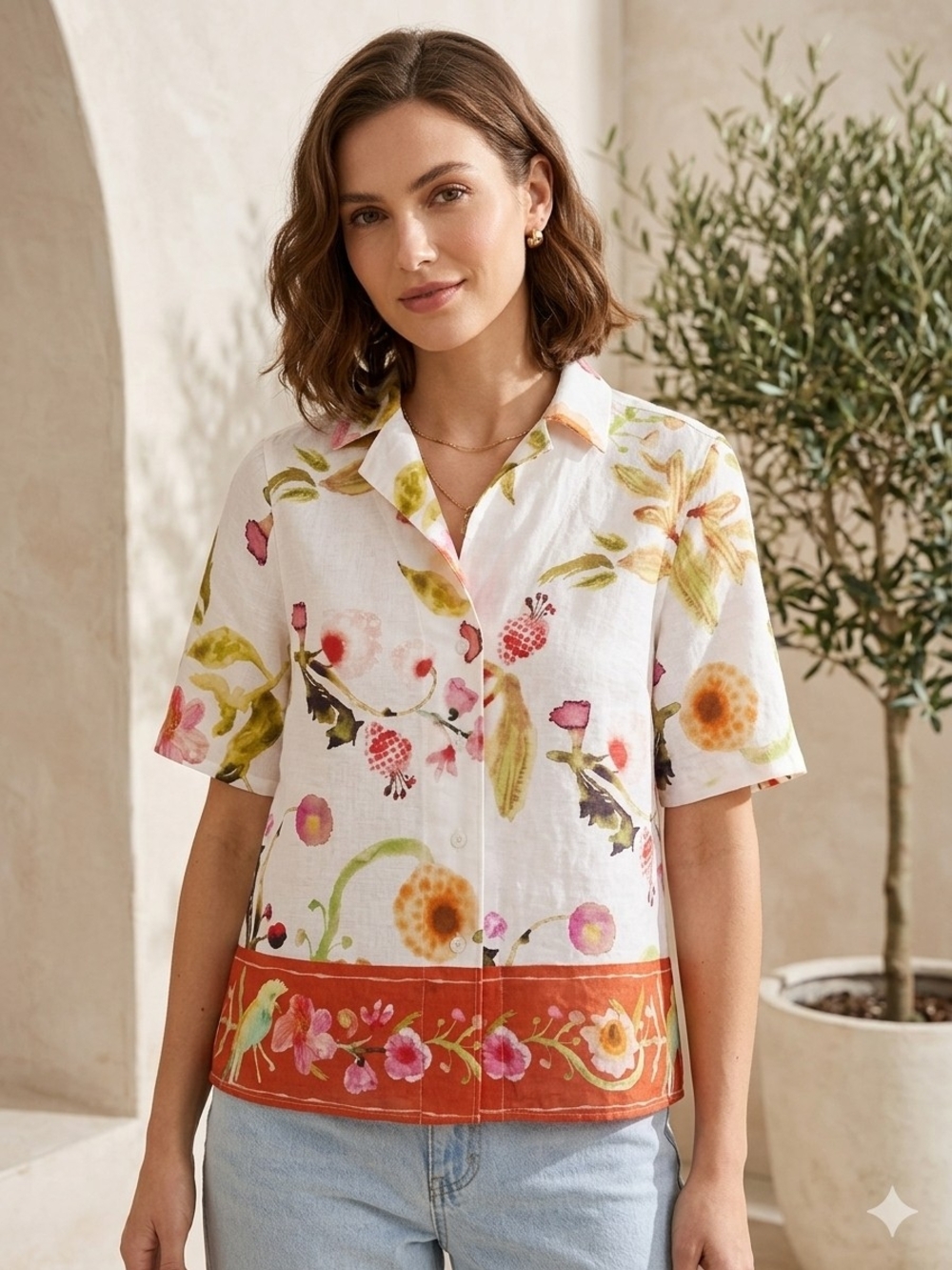 H&M White watercolor  Floral Button-Down Blouse Summer Light Sz XS